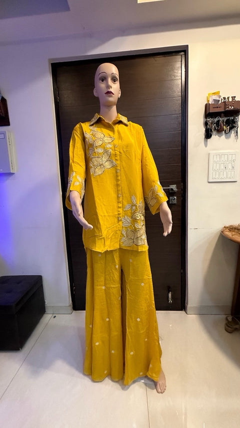 Puja Mustard Yellow Embroidered Shirt & Sharara Set | Ethnic Fusion Festive Coord