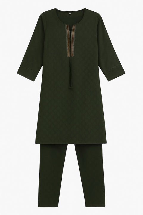 Aesha Dark Green Textured Kurti with Pant Set | Self-Textured Weave Minimal Embroidery Cotton Blend | Office Festive
