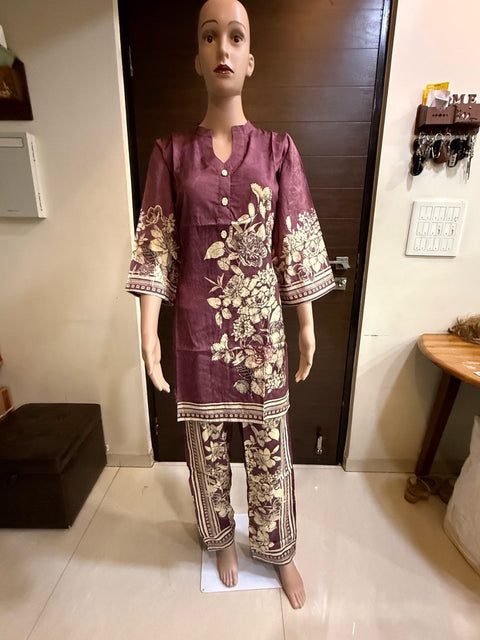 Puja Maroon Floral Print Kurti & Pants Set | Cream Geometric Cotton Blend | Casual Office