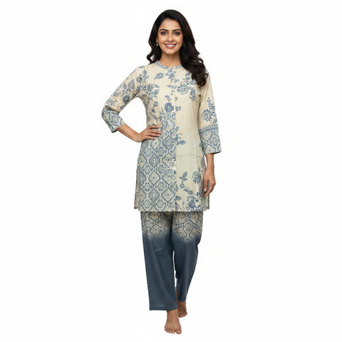 Puja Beige & Grey Printed Kurta Palazzo Set | Floral Geometric Ombre | Casual Semi-Formal