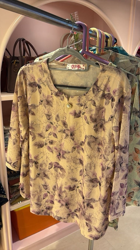 Thailand Floral Printed Rayon Top — Pearl Tassel Neckline & 3/4 Button Sleeves