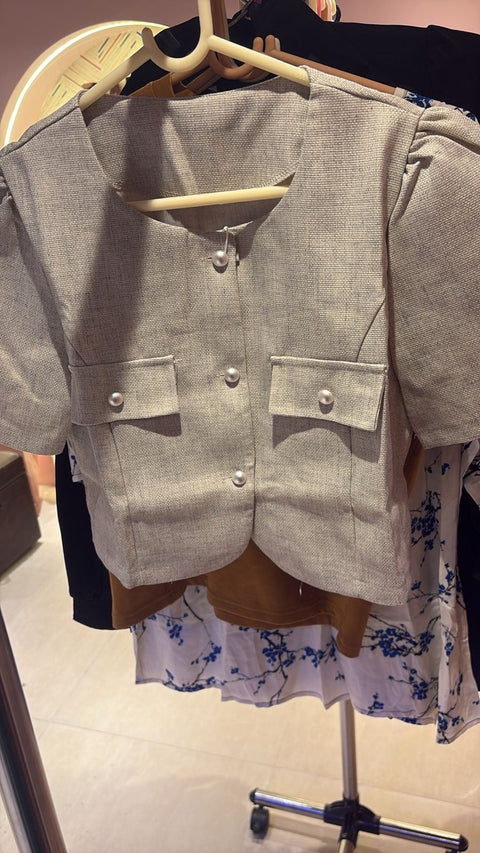 Grey Textured Half Coat Top — Pearl Button Puff Sleeve Statement Piece