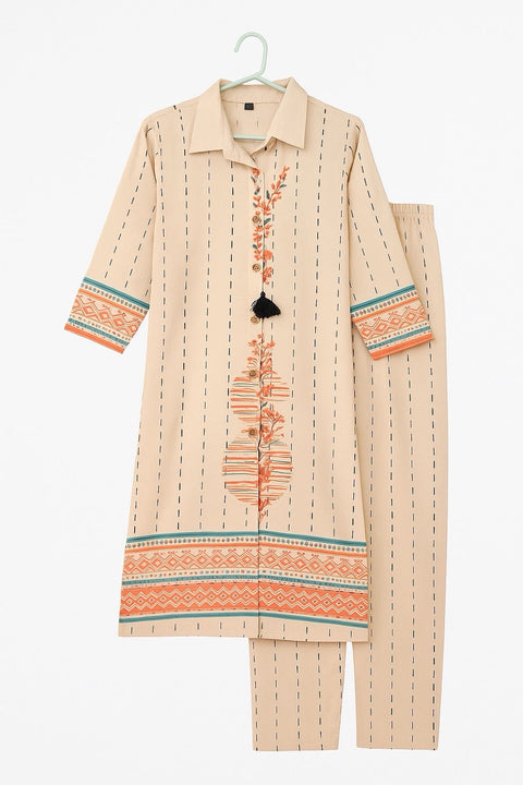 Aesha Beige Striped Printed Kurti with Pant Set | Shirt Collar Tassel Floral Border Cotton Blend | Casual Fusion Ethnic