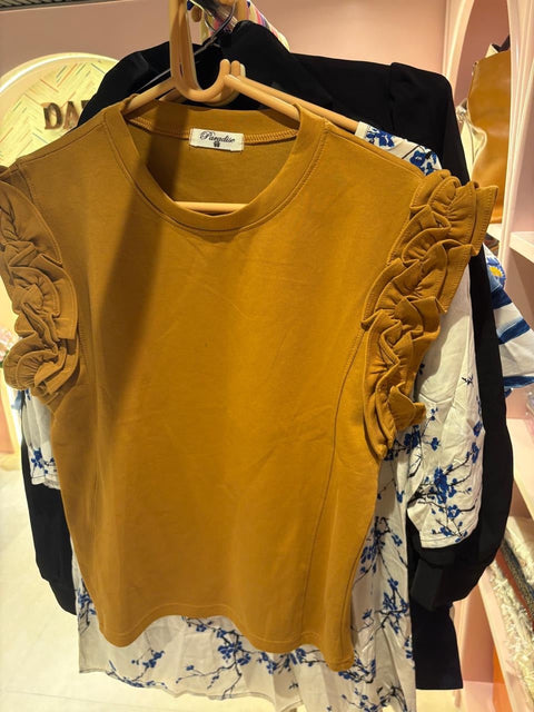 Mustard Ruffle Sleeve Casual Top — Cotton Blend Round Neck Everyday Essential