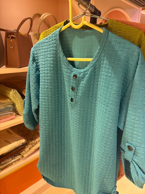 Textured Button Long Top — Pure Cotton Comfort in Rust, Olive Green & Aqua Blue