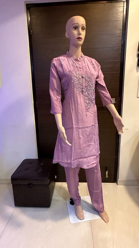 Puja Pink Thread & Sequin Embroidered Kurti with Pants Set | Tonal Yoke | Festive Semi-Formal