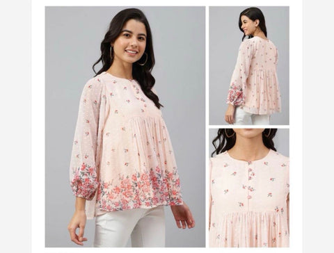 Jenesiya Blush Pink Floral Georgette Peasant Top — Balloon Sleeves & Button Front