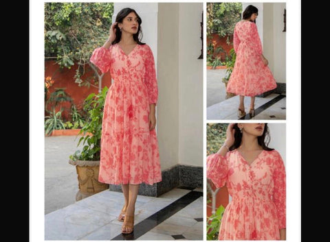 Jenesiya Coral Pink Floral Tiered Midi Dress with Balloon Sleeves