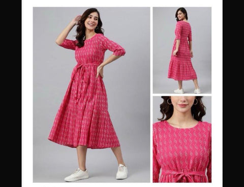 Jenesiya Fuchsia Pink Ikat Print Midi Dress with Waist Tie