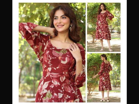 Jenesiya Maroon Floral A-Line Midi Dress with Bell Sleeves