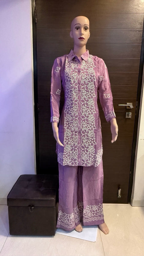 Puja Lavender Chikankari Embroidered Kurti with Pants Set | White Floral Wide-Leg | Festive