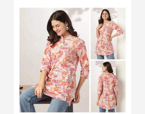 Jenesiya Pink & Orange Floral Cotton Tunic — Mandarin Collar with 3/4 Sleeves