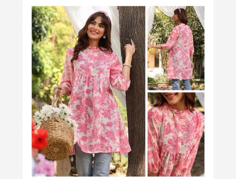 Jenesiya Pink Floral High-Neck Georgette Tunic — Button Front & 3/4 Sleeves