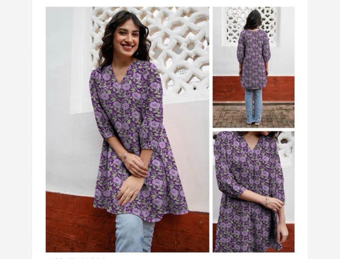 Jenesiya Purple Floral Long Tunic — V-Neck Rayon Blend in Lilac & Green Print