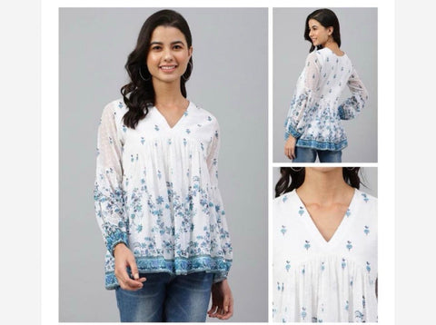 Jenesiya White & Blue Floral Peasant Top — V-Neck Georgette with Full Sleeves