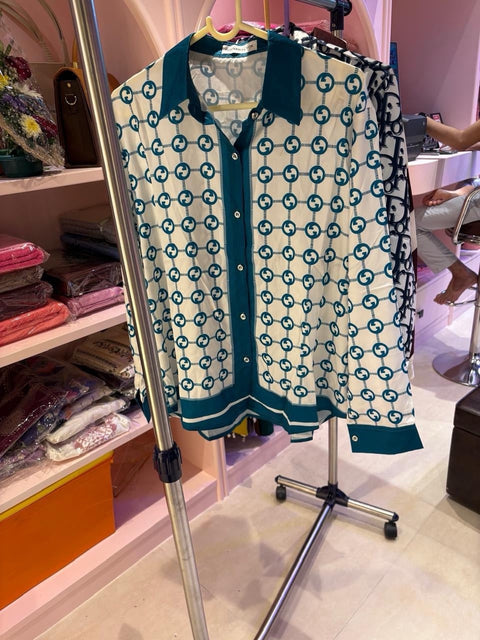 Printed Button-Down Shirt — Premium Poly-Crepe in Teal, Navy & Stripe Designs