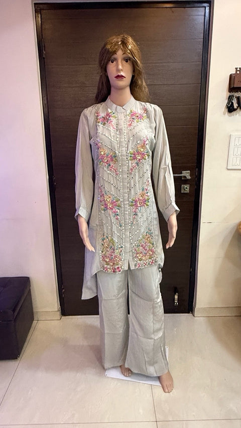 Puja Pastel Grey Embroidered High-Low Coord Set | Multicolour Floral Mirror | Festive Fusion