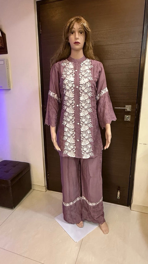 Puja Lavender Floral Embroidered Coord Set | Bell Sleeves Wide-Leg Lace Net | Festive Ethnic