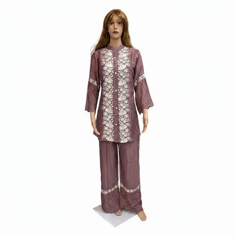 Puja Lavender Floral Embroidered Coord Set | Bell Sleeves Wide-Leg Lace Net | Festive Ethnic