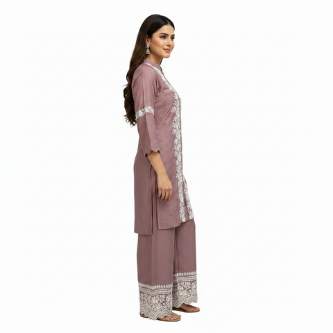 Puja Lavender Floral Embroidered Coord Set | Bell Sleeves Wide-Leg Lace Net | Festive Ethnic