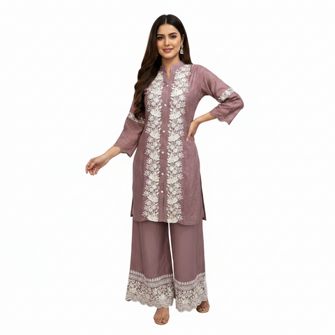 Puja Lavender Floral Embroidered Coord Set | Bell Sleeves Wide-Leg Lace Net | Festive Ethnic