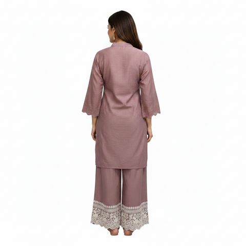 Puja Lavender Floral Embroidered Coord Set | Bell Sleeves Wide-Leg Lace Net | Festive Ethnic