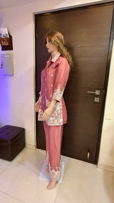 Puja Peach Pink Heavy Embroidered Coord Set | White Thread Scallop Shirt-Style | Festive Ethnic