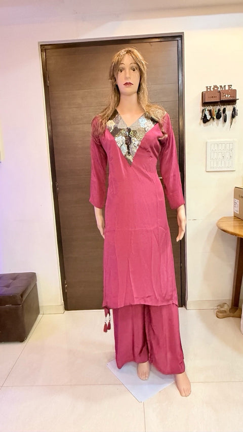 Puja Magenta Sequin V-Neck Coord Set | Satin Silk Silver Black Yoke | Festive Partywear