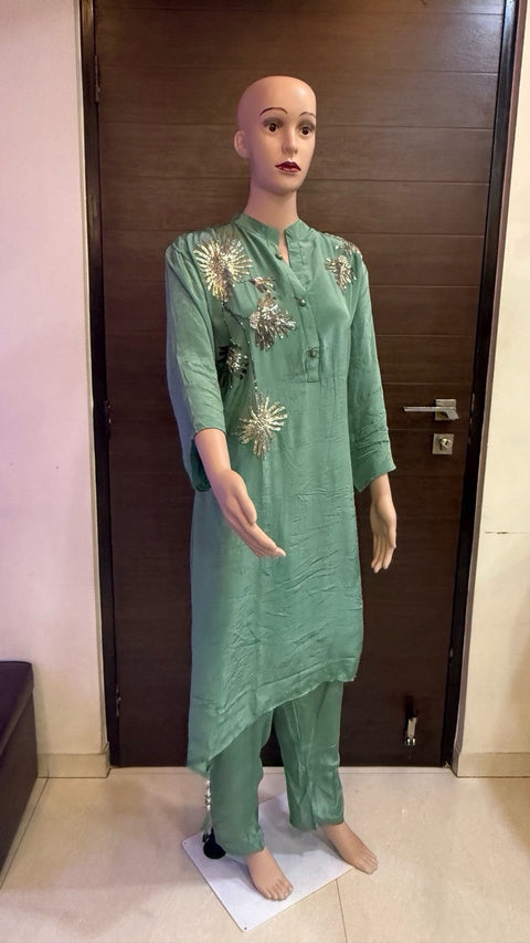 Puja Shimmer Floral Embroidered Kurta Set | Satin Silver Hand Embroidery | Mehandi Green & Mustard