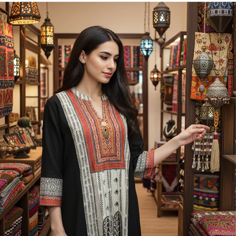 Black & Off White Ethnic Printed Full Suit With Multicolor Yoke