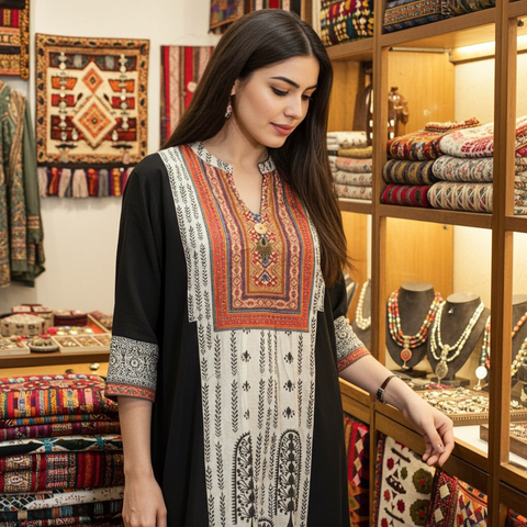 Black & Off White Ethnic Printed Full Suit With Multicolor Yoke