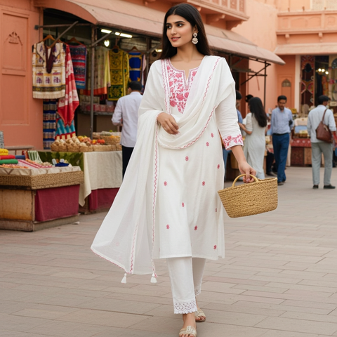 Aesha White Cotton Kurta Set with Maroon Hand Embroidery & Pant | Casual Ethnic Wear