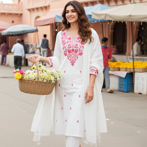 Aesha White Cotton Kurta Set with Maroon Hand Embroidery & Pant | Casual Ethnic Wear