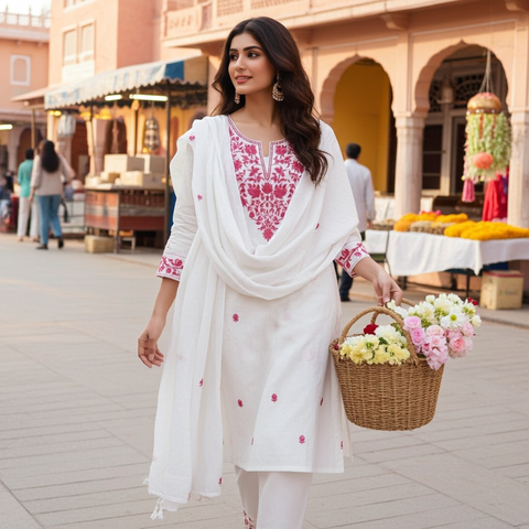 Aesha White Cotton Kurta Set with Maroon Hand Embroidery & Pant | Casual Ethnic Wear