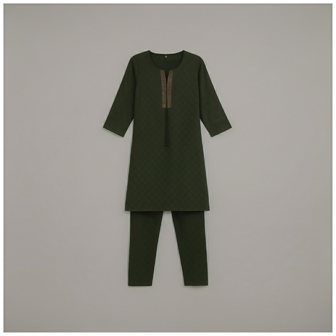Aesha Dark Green Textured Kurti with Pant Set | Self-Textured Weave Minimal Embroidery Cotton Blend | Office Festive