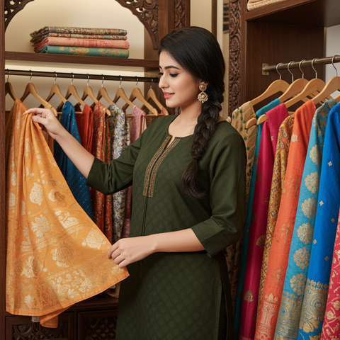 Aesha Dark Green Textured Kurti with Pant Set | Self-Textured Weave Minimal Embroidery Cotton Blend | Office Festive