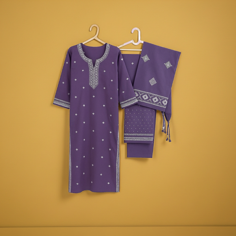 Aesha Purple Cotton Kurta Set with White Thread Embroidery & Pant | Festive Ethnic Wear