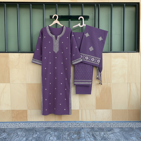 Aesha Purple Cotton Kurta Set with White Thread Embroidery & Pant | Festive Ethnic Wear