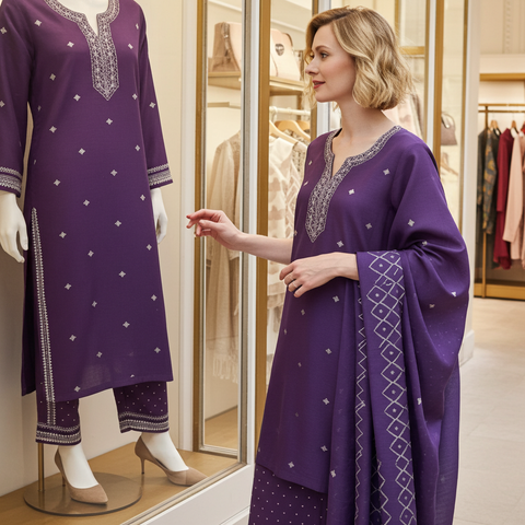 Aesha Purple Cotton Kurta Set with White Thread Embroidery