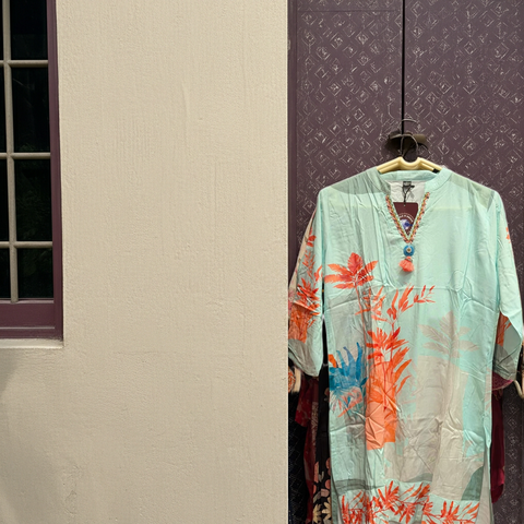 Aqua Coral Leaf Tassel-Neck Kurta with Pant | Braided Trim V-Neck Straight Rayon | Resort Casual Ethnic