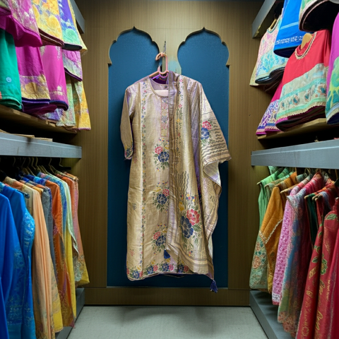 Antique Gold Multi-Floral Sequin 3-Piece Suit Set | Kurta, Satin Pants & Tassel Dupatta | Wedding Wear