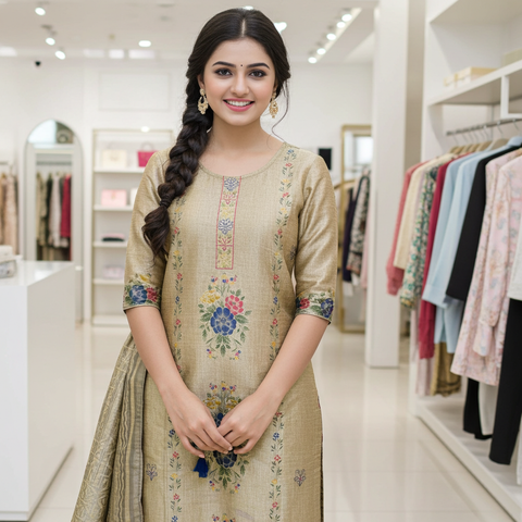Antique Gold Multi-Floral Sequin 3-Piece Suit Set | Kurta, Satin Pants & Tassel Dupatta | Wedding Wear