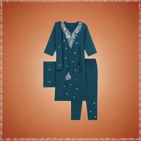 Aesha Teal Blue Floral Embroidered Kurti with Pant & Dupatta Set | Festive Party Wear