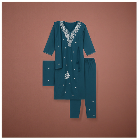Aesha Teal Blue Floral Embroidered Kurti with Pant & Dupatta Set | Festive Party Wear